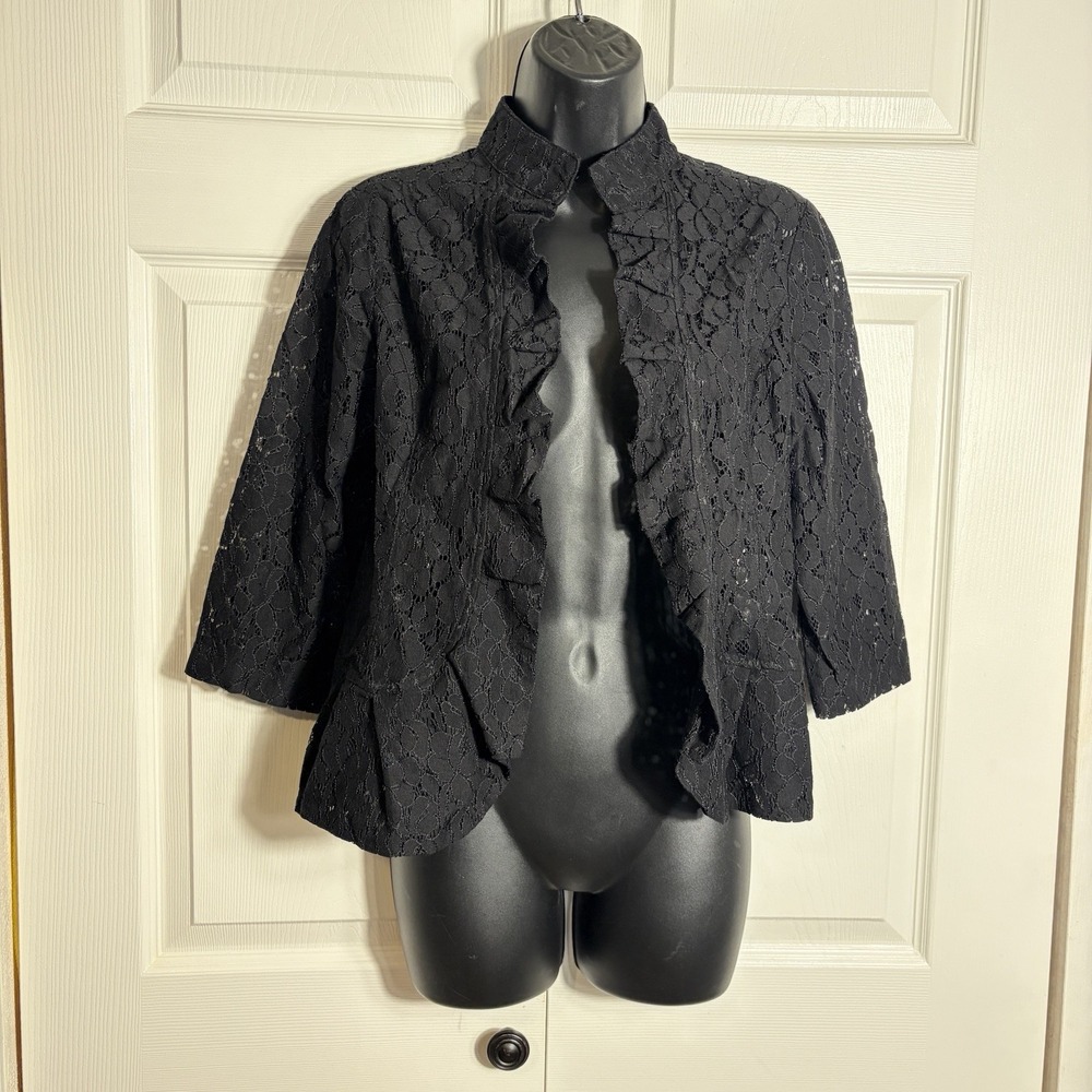 VTG Yvonne Marie for Revue Lace Jacket Women S Black Ruffle Y2K Shrug Open Front